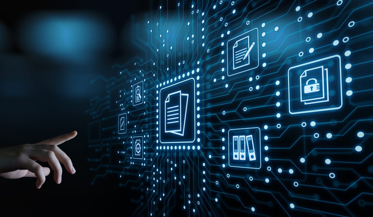 Male hand pointing at digitalised screen of document management icons